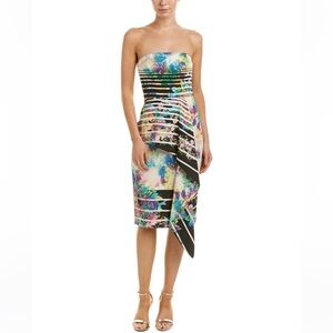 Black Halo Strapless Blythe Floral Stripe Ruffle Cocktail Dress